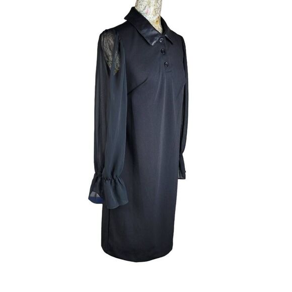 Shelby & Palmer Faux Leather Collar Button Up Sheer Blousy Sleeves Black Dress - Picture 5 of 12